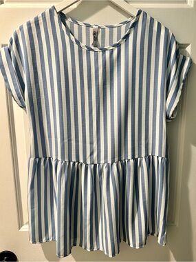 Striped Blue & White Ruffle-Hem Blouse